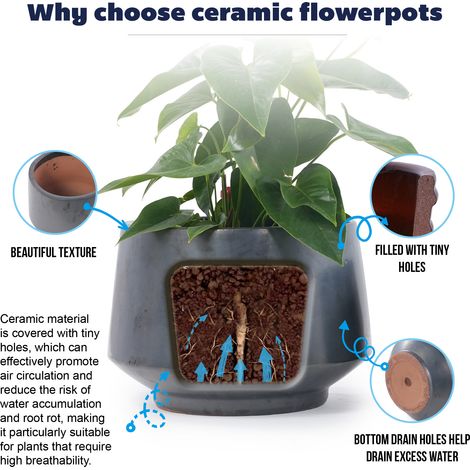 Set de 3 pots en céramique artisanale (Ø 38/28/22 cm), finition noire mate émaillée, résistant au gel, avec trou de drainage, forme conique moderne, pour intérieur et extérieur. (1/5)