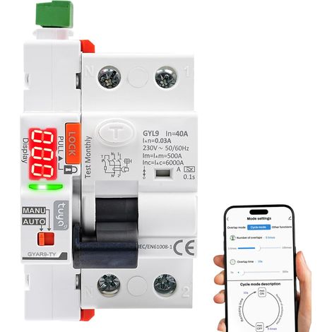 Disjoncteur Différentiel 40A 30mA, Disjoncteur Wifi Tuya Interrupteur Différentiel 40A 30mA Type A avec Réarmement Automatique Affichage LED Commande Manuelle/par application, 230VAC (1/5)