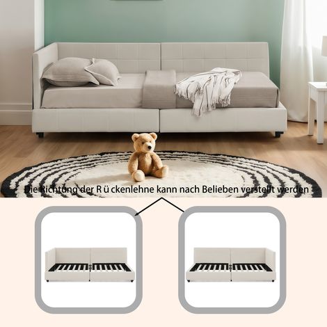 Lit simple 90200 cm, revêtement en velours doux pour la peau, lit enfant avec dossier haut, beige (sans matelas) (1/5)