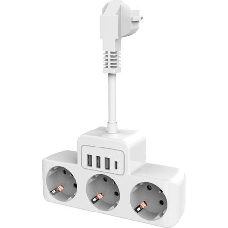 Multiprise avec Interrupteur Individuel, Prise Multiple USB C Multiprise Electrique Murale avec 4 Prises et 3 Chargeur USB Multiprise Adaptateur Prise USB Standard Euro 0.1m Câble Court,Blanc
