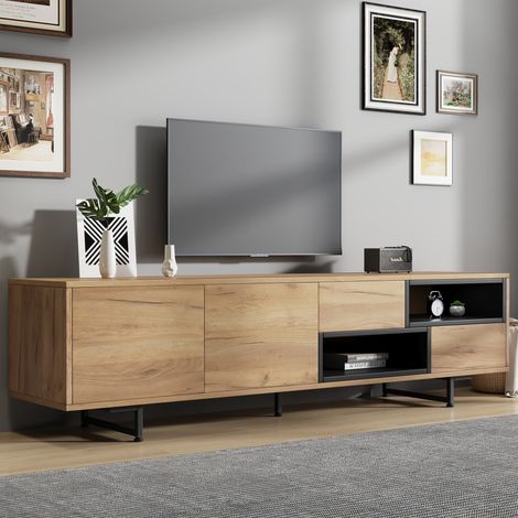 Mueble TV con chapa de madera estantes trapezoidales acomoda un televisor de 70 pulgadas 173x38x48 cm (1/5)