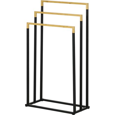 Toallero independiente de bambú y acero con 3 barras, 45 x 22,5 x 86 cm, negro y natural -Crezuo