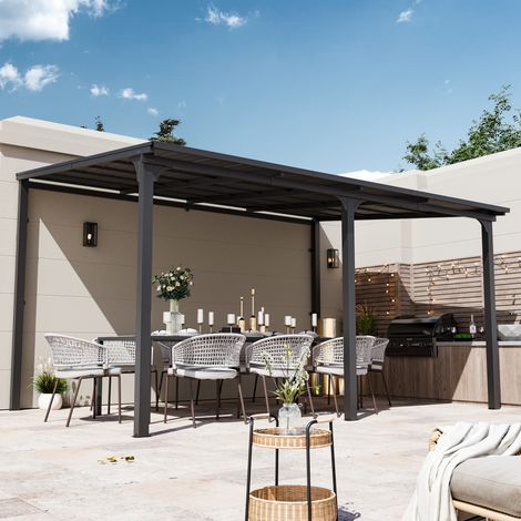 Modern Shade Wandmontierter Pavillon, 3 x 4.3 m, Terrassenüberdachung mit eingebautem Entwässerungssystem, verzinktem Stahldach, Hardtop-Terrassenunterstand für Deck, Veranda, Hinterhof und mehr, Schw (1/5)
