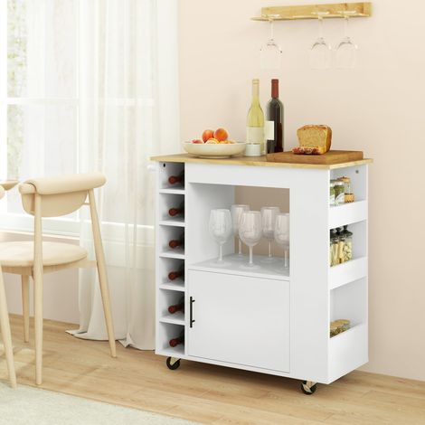 Küchenwagen, Rollbare Kücheninsel, Küchen-Trolley mit Fächern, Weinregalen, Schrank und Arbeitsfläche, Weiß