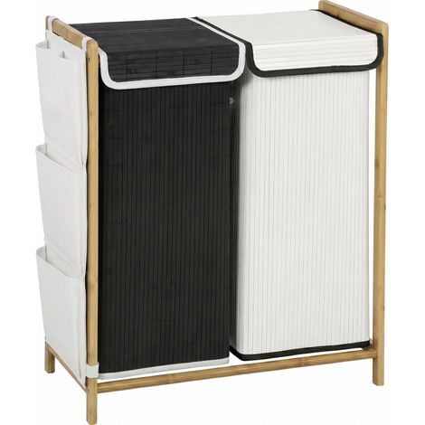 Cesto Portabiancheria 63x33x78 cm 2 Scomparti 120L con Coperchi Tasche Laterali Sacchi Estraibili in Bambù e Poliestere Bianco e Nero (1/5)