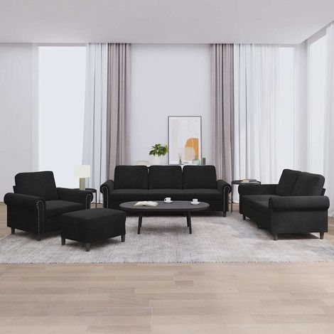 Ensemble canapé 4 pièces avec coussins, velours noir, fauteuil, 2 et 3 places, pouf - PANGIVO (1/5)