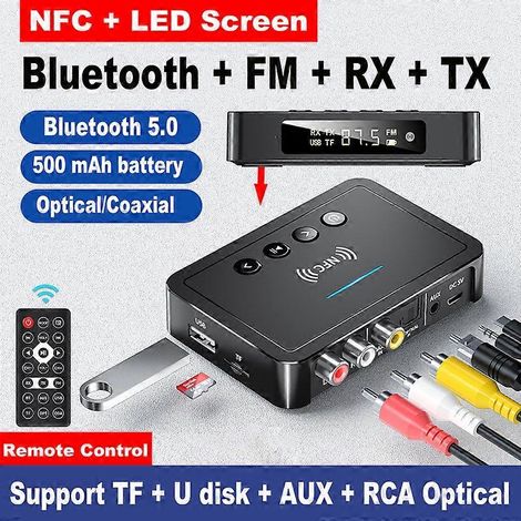 Récepteur/émetteur Bluetooth 5.0 FM stéréo audio AUX prise jack 3,5 mm RCA fibre optique adaptateur Bluetooth sans fil télécommande, compatible avec les téléviseurs et les ordinateurs. (1/5)