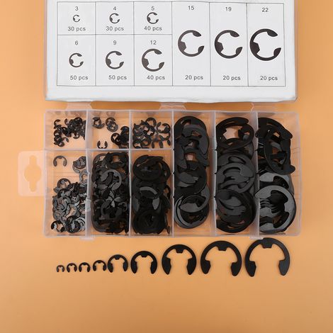 300 pièces de clips métalliques noirs E, assortiment de circlips frettes 3-22mm avec boîte de rangement (1/5)