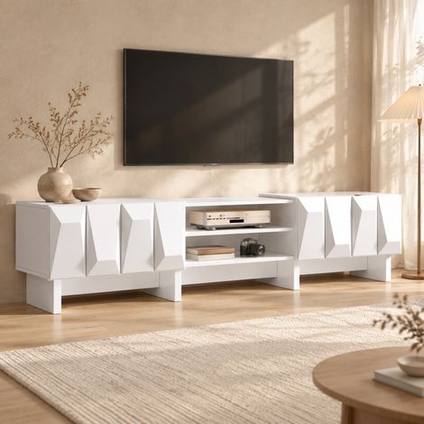 Mobile TV 180 cm con 4 ante, vani a giorno e passacavi, truciolare bianco (1/5)