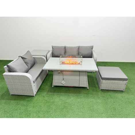Fimous 6 Seater PE Rattan Wicker Garden Furniture Patio Conservatory Sofa Set with Firepit Dining Table 3 Seater Sofa Love Sofa Big Footstool Side Table (1/4)