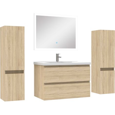Ensemble meubles Salle de Bain 80cm vasque + colonnex2 + LED miroir Chêne Wotan