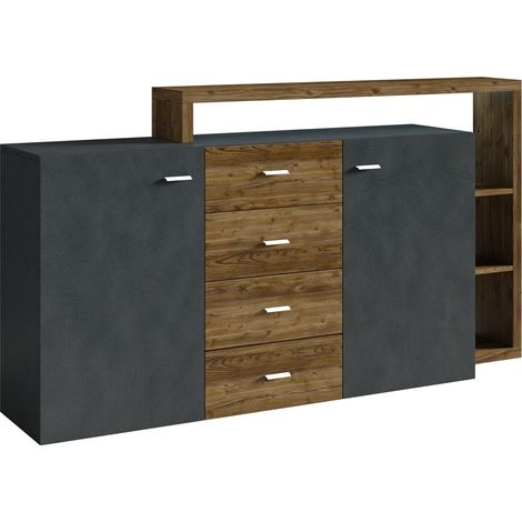 Cómoda Lutiva 106, Madera gris + Abeto oscuro, Con cajones y puertas, Número de cajones: 4, 97x180x37cm