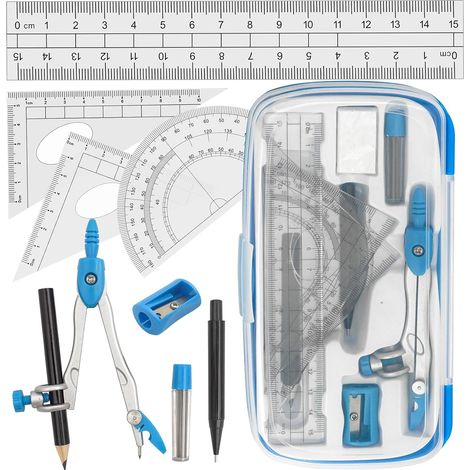 Kit de géométrie mathématique pour élèves - Ensemble 4 en 1 avec compas, rapporteur, équerre et règleÉtui compact et portableBleu classiqueIdéal pour l'école, les cours de maths et les devoirs