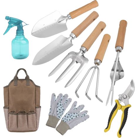 Set di attrezzi da giardino, teste in acciaio inox, manici ergonomici in legno, 9 pezzi (1/2)