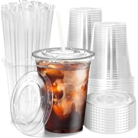 50 gobelets en plastique transparent avec couvercles et pailles en papier, 480 ml, verre à café réutilisable, élégant verre à boire pour fête, smoothie, milkshake, boisson froide, traiteur (1/5)