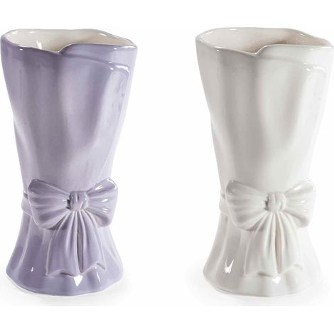 Vases en céramique colorée avec nœud et détails en relief, lot de 2, diam. 11 cm x H. 21 cm