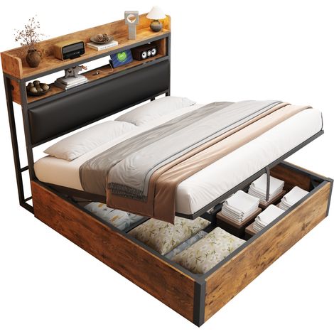 Lit coffre 140x200 cm bois & métal noir avec tête de lit rembourrée, USB et relevage hydraulique, sommier à lattes inclus (1/5)