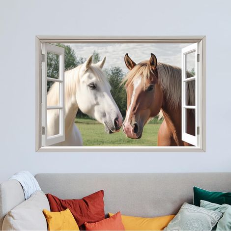 Stickers Muraux Chevaux à L'Extérieur de la Fenêtre Autocollant Mural Animal Plus Taille Cheval Coloré Art Mural pour la Maison Deux Chevaux Autocollant en Vinyle Art Mural Décoration (1/5)