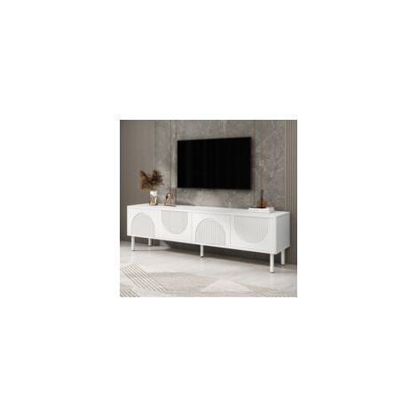 Meuble TV blanc moderne 180x40x52cm  Finition mate Gestion des câbles  Design minimaliste 4 compartiments de rangement (1/5)
