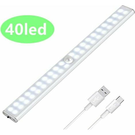 Éclairage pour dressing, lampe LED à détecteur de mouvement avec 40 LED, rechargeable par USB, idéale pour les dressings, armoires, escaliers et couloirs. (1/5)