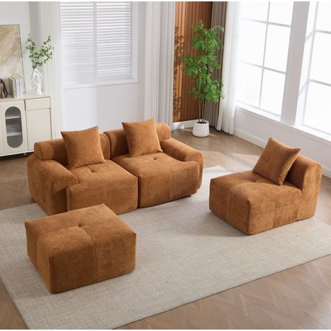 Canapé d’angle modulaire 268x102x78 cm orange en tissu côtelé avec mousse à mémoire et sans montage (1/5)