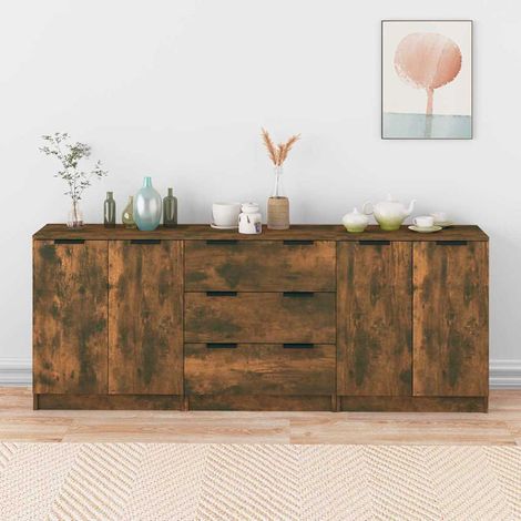 Lot de 3 Buffet - Armoire de rangement Enfilade Chêne fumé Bois d'ingénierie BV904782 - BonneVie (1/5)