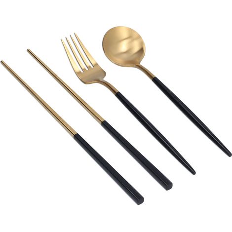 Ensemble de 3 ustensiles de voyage portables en acier inoxydable (cuillère, fourchette et baguettes) pour l'école, noir et or (boîte de rangement noire). (1/5)