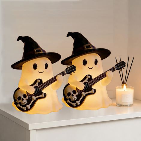 Lot de 2 Veilleuse fantôme Halloween – Ornement lumineux avec chapeau de sorcier noir – Lumière chaude d’ambiance – Idéale pour chambre, bureau et décoration de fête – Intérieur et extérieur (1/5)
