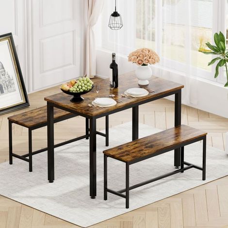 Ensemble Table et Chaises 110 x 60 x 75 cm Table avec Chaises style industriel table de bar 2 bancs de repas marron rustique et noir (1/5)