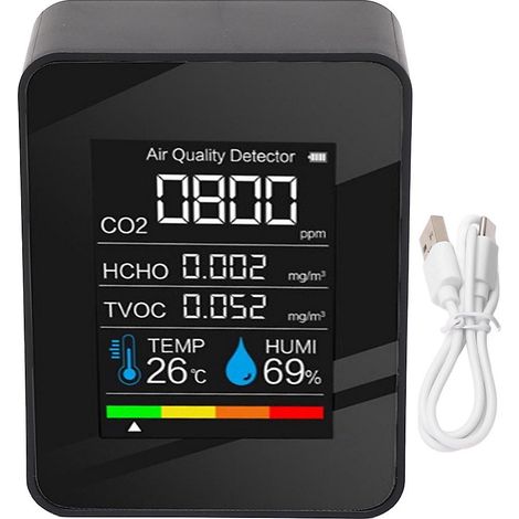 Moniteur de qualité de l&aposair 5 en 1 haut de gamme, Détecteur précis de CO2, HCHO et COVT avec grand écran LCD,USB (1/5)
