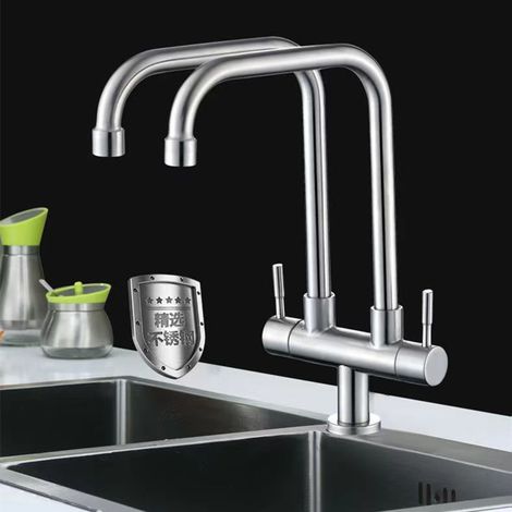 Unterputz-Kaltwasserarmatur aus Edelstahl 304 für Küchenspülen und Waschbecken – Zweirohr-, Zweiauslauf- und Zweiöffnungsarmatur mit Drehfunktion – Gebürstetes, vertikales Zweirohr-Design mit großem S