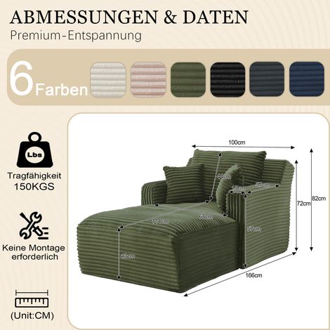 Fauteuil convertible 1 place en velours côtelé, canapé-lit Nuage confortable avec coussin, lit d’appoint compact pour studio, chambre ou petit espace, sans montage (vert)
