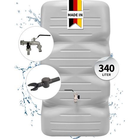 GARANTIA CUBUS Regentonne Komplett-Set 340 Liter betongrau inkl. Chrom-Doppelauslaufhahn und Fallrohranschluss (1/5)