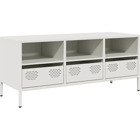 Meuble TV design industriel avec rangement ample 101,5 x 39 x 43,5 cm en acier laminé à froid blanc (1/5)