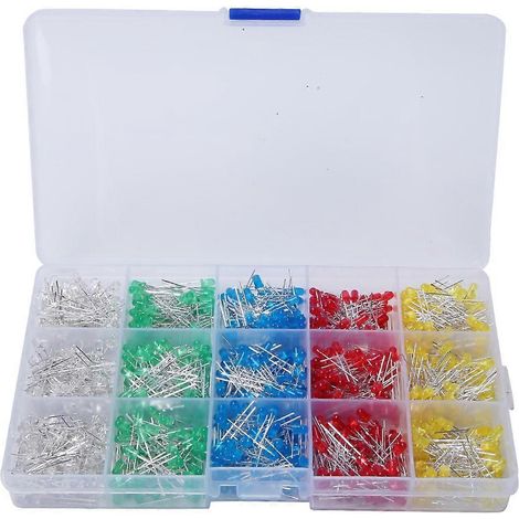 1000 Stück LED-Leuchtdioden-Set (3 mm) in verschiedenen Farben (Rot/Gelb/Blau/Grün/Weiß) – Box