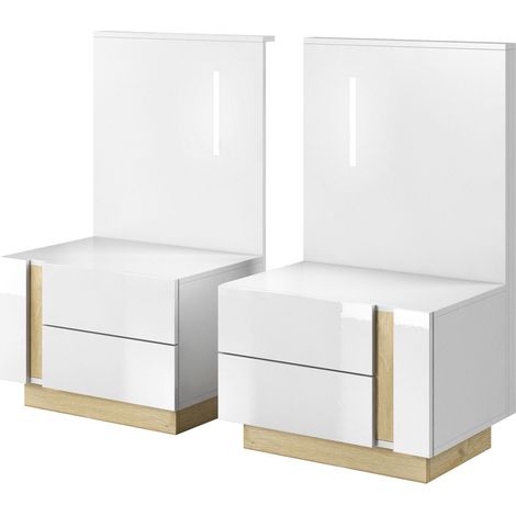 Comodini (set da 2), Bianco + Bianco lucido + Rovere Grandson, 120 x 102 x 46 cm