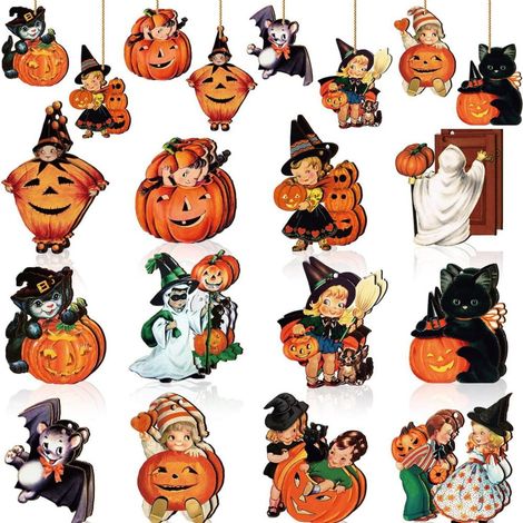 Halloween Ornaments Wooden Pendant Set - Natural Wood Material - Multi Style Halloween Decor For Home Door Fireplace Tree - 12 Pieces (1/5)