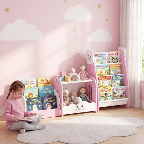 Bibliothèque enfant 3 en 1 rose 45x30x72cm modulable 4 poches 3 niveaux rangement jouets table de chevet chambre petite fille (1/5)