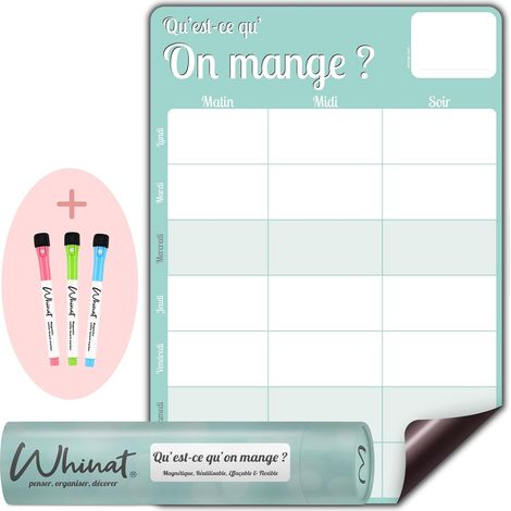 Tableau memo magnétique " QU'EST-CE QU'ON MANGE " - Planning et calendrier des repas et menus de la semaine pour toute la famille à afficher le frigo de la cuisine VERT (1/5)