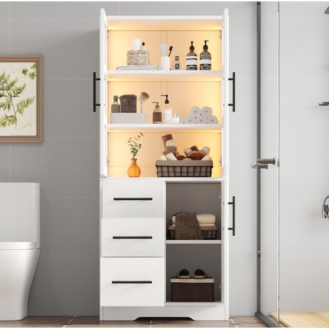 Mueble de baño MDF y vidrio blanco 72 cm con LED, 3 cajones y 2 armarios (1/5)