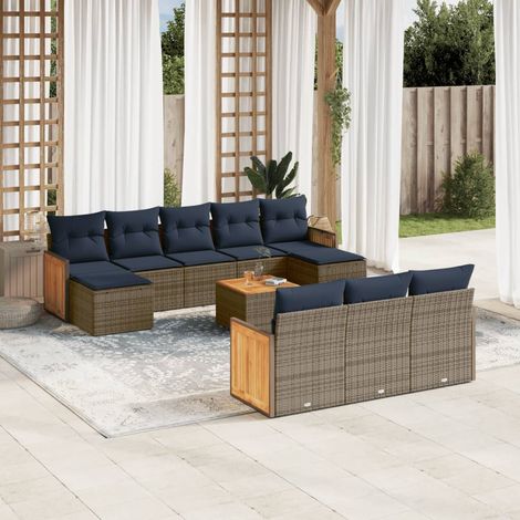 Ensemble de mobilier de jardin 11 pièces avec canapés gris, table, repose-pieds et coussins déhoussables en résine tressée durable (1/5)
