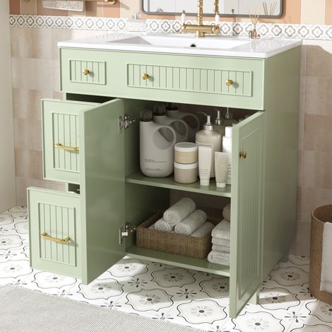 Meuble vasque salle de bain freestanding 81,7 cm avec vasque en céramique, rangement multi-usage, pieds en bois de pin et finition laquée verte - CHICFURN (1/5)