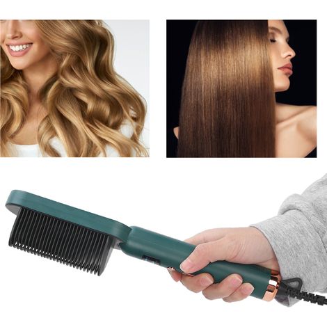 Brosse lissante cheveux verts 3 températures, fer à lisser chaud peigne ioniseur négatif, brosse coiffante électrique 220V, prise UE, lissage rapide sans abîmer, usage domestique. (1/5)