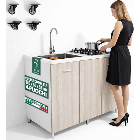 Cucina Completa 120x60cm Olmo Piano Cottura 4 Fuochi Lavello con Rubinetteria