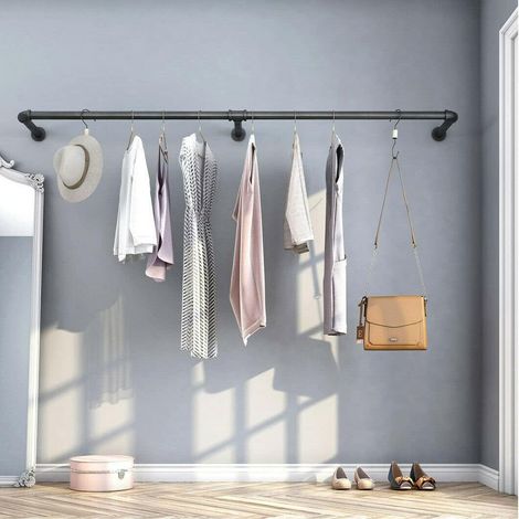 Industrierohr Kleiderstangen Garderobenstange Kleiderständer Garderobenständer Wandmontage 90/135/180cm verstellbar mit 3 Haken