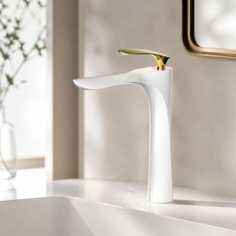 Robinet lavabo mitigeur salle de bain, corps en laiton alliage, finition or brillant, valve céramique durable, hauteur 300mm, montage trou 35mm (1/5)