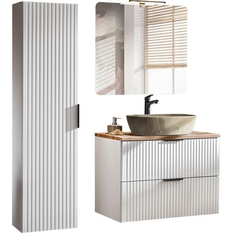 Badezimmer Badmöbel Set matt weiß Rillenoptik ADELAIDE-56-WHITE Spiegel & Waschtisch mit Keramikbecken, Hochschrank (1/5)