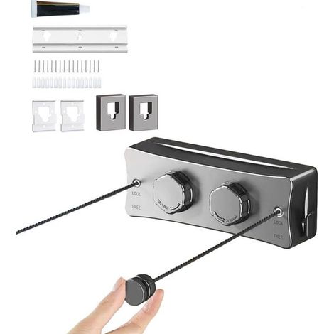 Corde à linge extensible 5,1 m, fixation murale, double ligne, tension réglable et maintien ferme, pour intérieur et extérieur, gris (1/5)