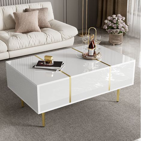 Table basse 100x60x41.5 cm blanche en MDF brillant avec 2 tiroirs (1/5)