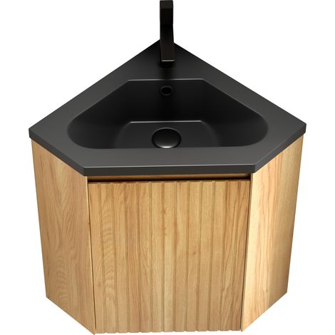 Meuble sous vasque d'angle 38 cm avec vasque intégrée en résine noir mat, meuble préassemblé, porte amortie, idéal petits espaces, bois clair - CHICFURN (1/5)